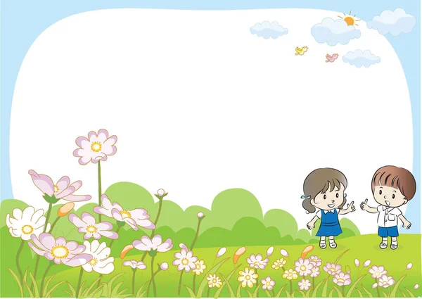 Ilustración Niño Una Niña Con Una Flor — Vector de stock