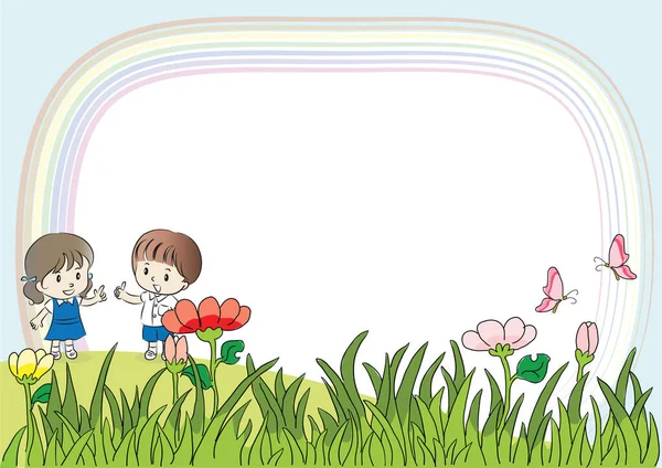 Illustration Eines Mädchens Und Eines Jungen Einem Blumengarten — Stockvektor