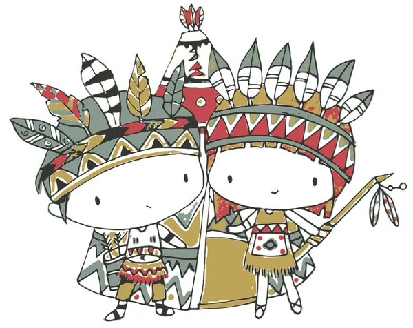 Çizgi film kızları ve Hint kostümlü oğlanlar beyaz arka planda izole edilmiş, okul konseptine geri dönüyorlar. 