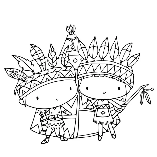 Desenhos Animados Meninas Meninos Trajes Indianos Isolados Fundo Branco Volta — Vetor de Stock