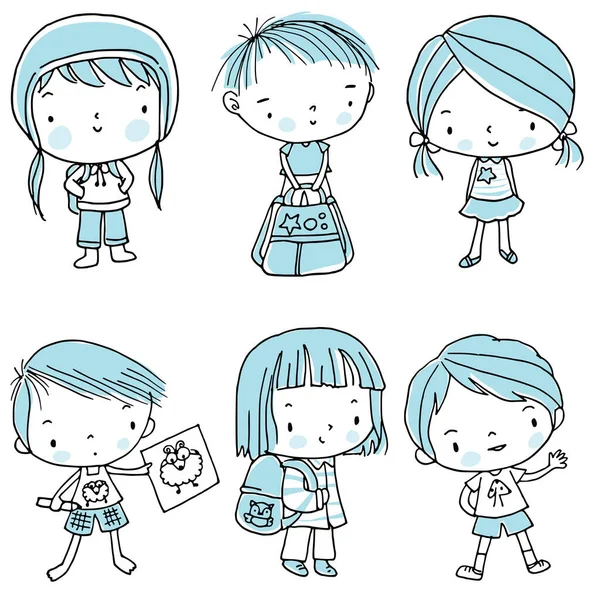 Sırt çantalı çizgi film kızları ve oğlanlar beyaz arka planda, okul konseptine geri dönüyorlar. 