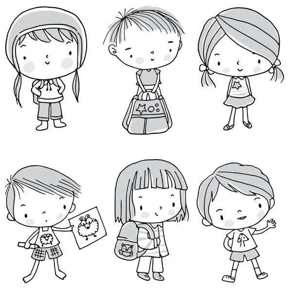 Sırt çantalı çizgi film kızları ve oğlanlar beyaz arka planda, okul konseptine geri dönüyorlar. 