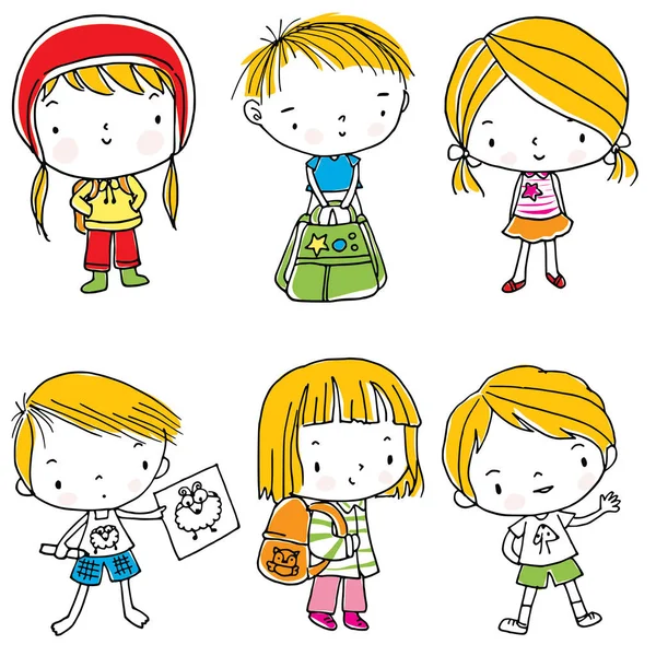 Sırt çantalı çizgi film kızları ve oğlanlar beyaz arka planda, okul konseptine geri dönüyorlar. 