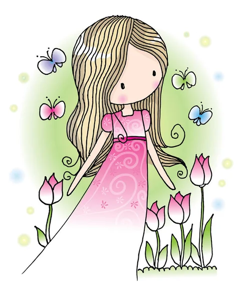 Cartoon Mooi Meisje Jurk Tussen Bloemen Vlinders Weide Vector Illustratie — Stockvector