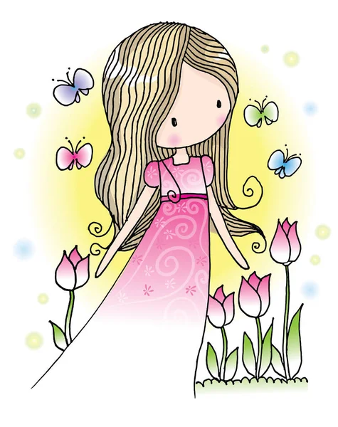 Desenho Animado Menina Bonita Vestido Entre Flores Borboletas Prado Vetor — Vetor de Stock