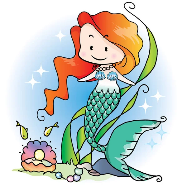 karikatür perisi okyanustaki küçük deniz kızı beyaz arka planda, vektörde, resimde izole edilmiş.