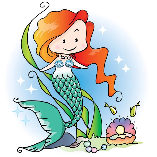 karikatür perisi okyanustaki küçük deniz kızı beyaz arka planda, vektörde, resimde izole edilmiş.