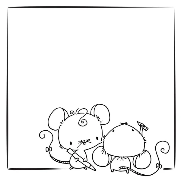 Desenhos Animados Lindos Pequenos Ratos Com Lápis Desenho Quadro Isolado — Vetor de Stock