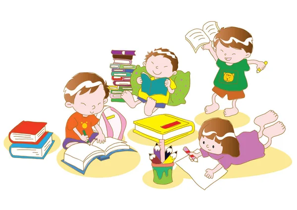 Conjunto Desenhos Animados Meninas Meninos Fazendo Lição Casa Com Material —  Vetores de Stock