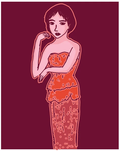暗い背景の夜のドレスで漫画の美しい女性 ベクトル イラスト — ストックベクタ