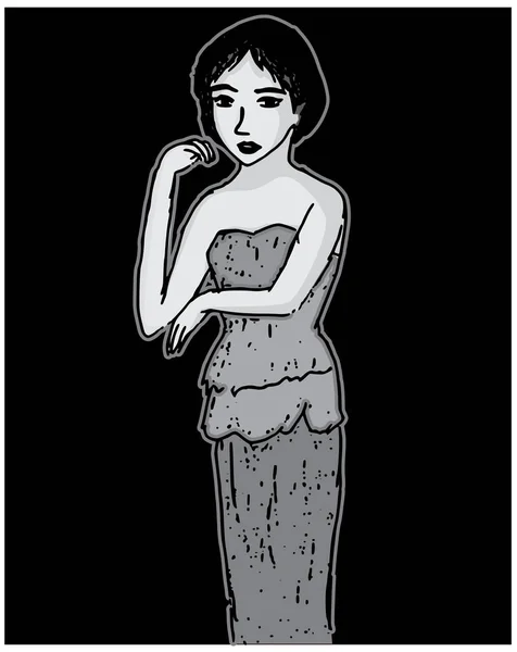 Dibujos Animados Hermosa Mujer Vestido Noche Sobre Fondo Oscuro Vector — Vector de stock