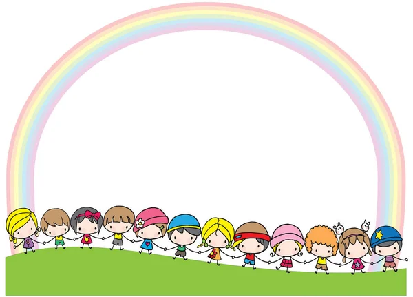 Set Van Cartoon Meisjes Jongens Onder Regenboog Weide Terug Naar — Stockvector
