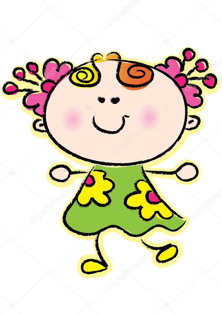 cute cartoon girl in pink dress with flowers