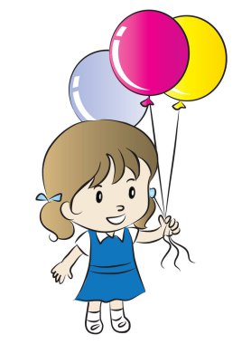 Beyaz arka planda izole edilmiş balonlar tutan mutlu kız çizgi filmi, doğum günü konsepti. 