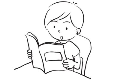 Beyaz arka planda izole edilmiş, okul konseptine geri dönen okul çocuklarının kitap okuduğu resim. 