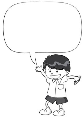 Beyaz arka planda izole edilmiş konuşma balonu olan çizgi film çocuğu çizimi. 