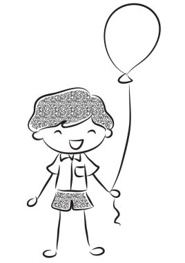 Beyaz arka planda izole edilmiş balon tutan mutlu çocuk çizimi, doğum günü konsepti 