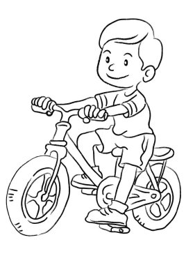 Çizgi film karakteri. Bisiklet süren küçük çocuk. Beyaz arka planda izole edilmiş. 