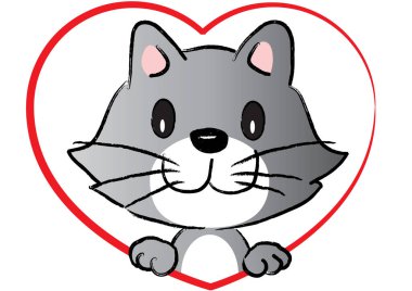 Kalbinde beyaz arka planda izole edilmiş küçük sevimli bir kedi, romantik bir kavram. 