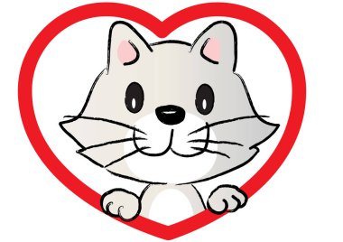 Kalbinde beyaz arka planda izole edilmiş küçük sevimli bir kedi, romantik bir kavram. 