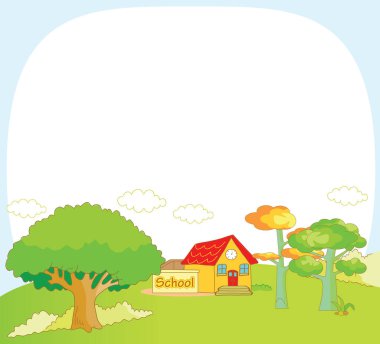 Okulun beyaz arka planda izole edildiği yaz manzarası, okul konseptine geri dönüş 