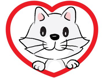 Kalbinde beyaz arka planda izole edilmiş küçük sevimli bir kedi, romantik bir kavram. 