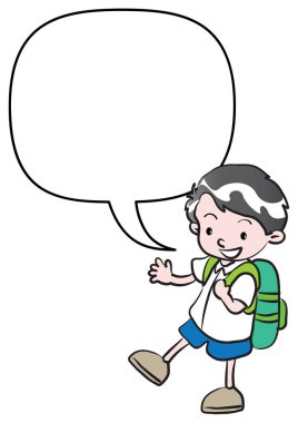 Sırt çantalı okul çocuğu beyaz arka planda izole halde okula geri dönüyor. 