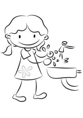 Lavaboda elini yıkayan çizgi film kızı lavabosu beyaz arka planda izole edilmiş, hijyen konsepti. 