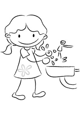 Lavaboda elini yıkayan çizgi film kızı lavabosu beyaz arka planda izole edilmiş, hijyen konsepti. 