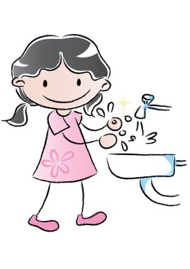 Beyaz arka planda izole edilmiş lavaboda ellerini yıkayan çizgi film kızı, hijyen konsepti. 