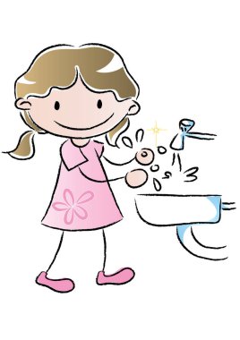 Beyaz arka planda izole edilmiş lavaboda ellerini yıkayan çizgi film kızı, hijyen konsepti. 