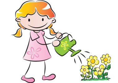 Çiçekleri sulandıran karikatür kızı beyaz arka planda, vektörde, resimde izole edilmiş.  