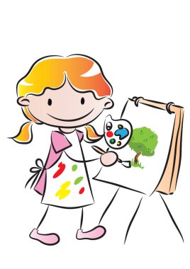 beyaz arkaplan, vektör, illüstrasyon üzerinde izole fırçayla resim çizen kız. 