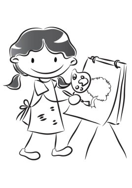 Beyaz arka planda izole edilmiş fırçayla resim çizen karikatür kızı çizimi, sanat konsepti 