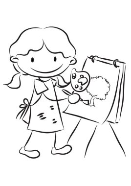 Beyaz arka planda izole edilmiş fırçayla resim çizen karikatür kızı çizimi, sanat konsepti 