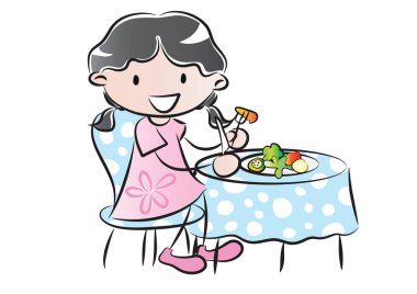 Çizgi film kızı yemek masasında beyaz arka planda tek başına yemek yiyor. 