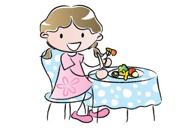 Çizgi film kızı yemek masasında beyaz arka planda tek başına yemek yiyor. 