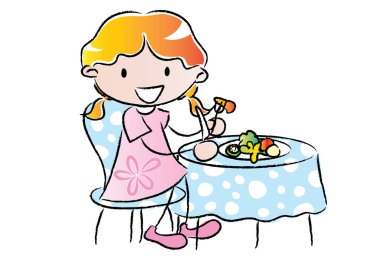 Çizgi film kızı yemek masasında beyaz arka planda tek başına yemek yiyor. 