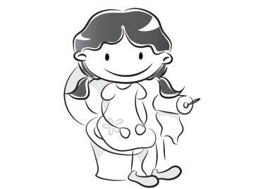 Beyaz arka plan, vektör, illüstrasyon üzerine izole edilmiş klozette oturan çizgi film kızı çizimi 