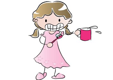 beyaz arka planda izole edilmiş diş fırçası ve bardak taşıyan çizgi film kızı, ağız hijyeni konsepti ağız hijyeni konsepti. 