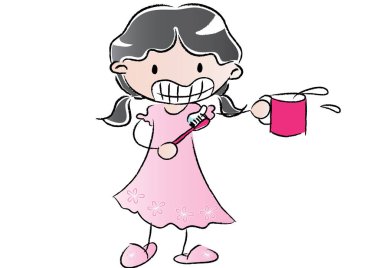 beyaz arka planda izole edilmiş diş fırçası ve bardak taşıyan çizgi film kızı, ağız hijyeni konsepti ağız hijyeni konsepti. 