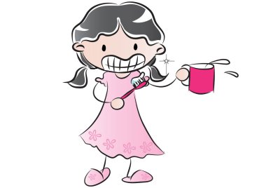 beyaz arka planda izole edilmiş diş fırçası ve bardak taşıyan çizgi film kızı, ağız hijyeni konsepti ağız hijyeni konsepti. 