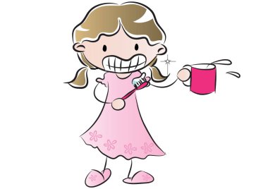 beyaz arka planda izole edilmiş diş fırçası ve bardak taşıyan çizgi film kızı, ağız hijyeni konsepti ağız hijyeni konsepti. 