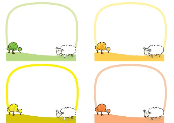 Cadres Dessin Animé Quatre Saisons Avec Mignon Petit Mouton Isolé — Image vectorielle