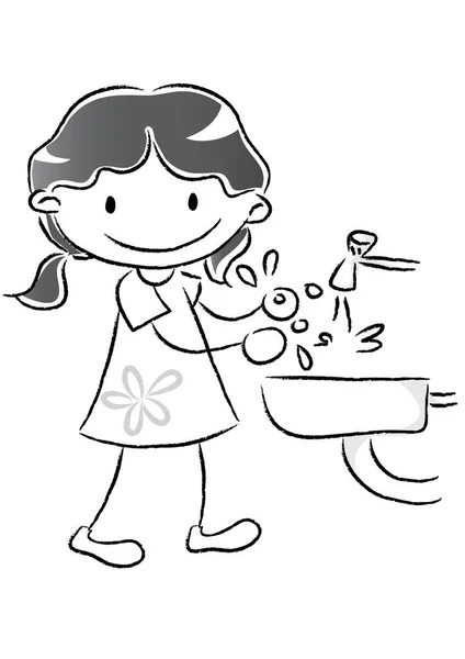 Sink Cartoon Girl Washing Hands Sink Isolated White Background Hygiene — Stock Vector