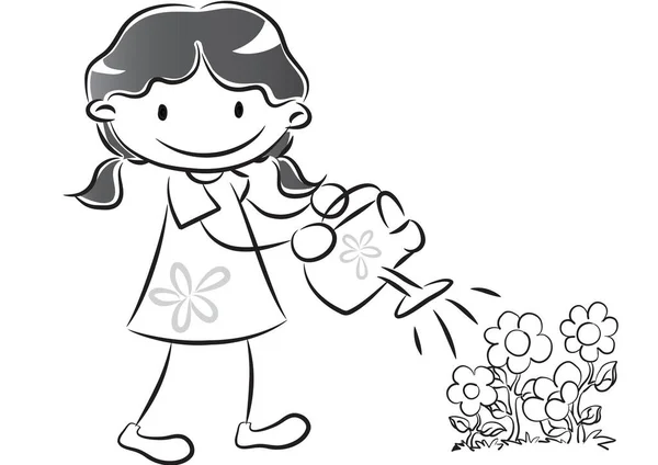 Sketch Cartoon Girl Watering Flowers Watering Can Isolated White Background — Stock Vector