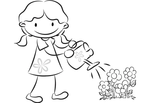 Sketch Cartoon Girl Watering Flowers Watering Can Isolated White Background — Stock Vector