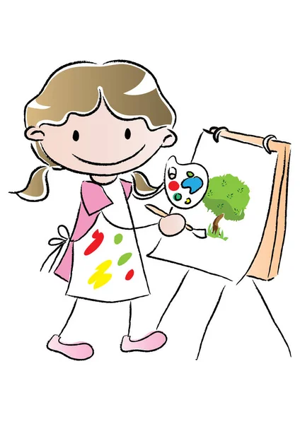 Cartoon Girl Painting Picture Easel Brush Isolated White Background Vector — Stock Vector