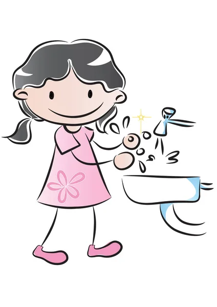 Cartoon Girl Washing Hands Sink Isolated White Background Hygiene Concept — Stock Vector