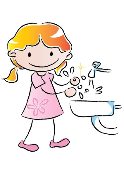 Cartoon Girl Washing Hands Sink Isolated White Background Hygiene Concept — Stock Vector